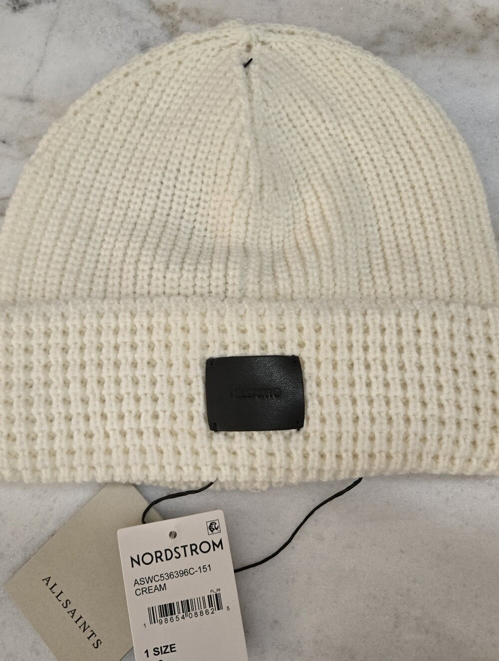 All Saints Cream Angled Stitch Winter Beanie - Cream - One Size - BNWT